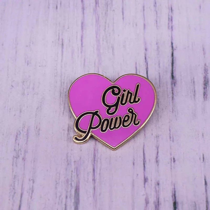 

Feminist Enamel Pin Girl Power Pink Heart Shape Clothes Shirt Jeans Brooch Badge Charm Pins Metal Brooches for Women