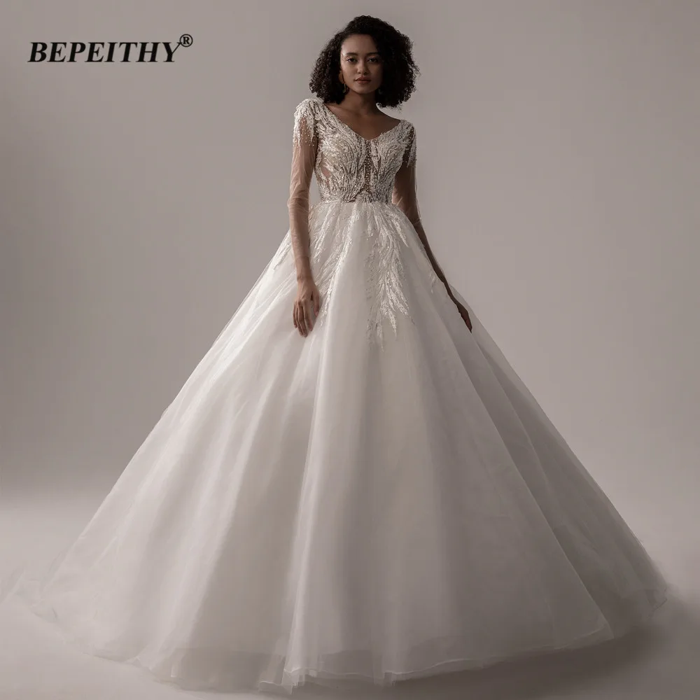 

BEPEITHY V Neck Sheer Beading Full Sleeves Ivory Wedding Dresses For Women 2023 Bride White A Line Sexy Backless Bridal Gown New