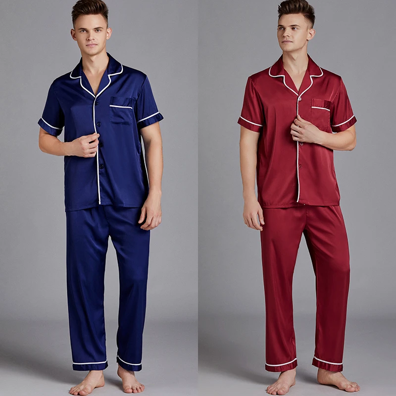 

Top Quality Men Silk Satin Pajama Set Short Sleeve Pijamas Solid Pyjama homme Fashion Sleepwear Homewear Outerwear