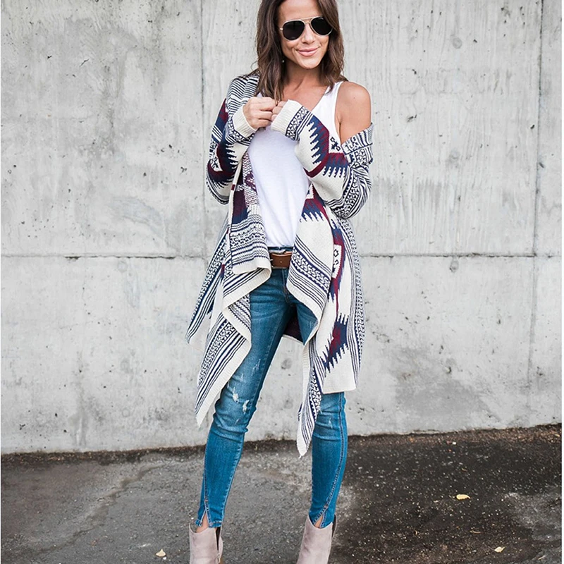Женский вязаный кардиган длинные свитера в народном стиле повседневный