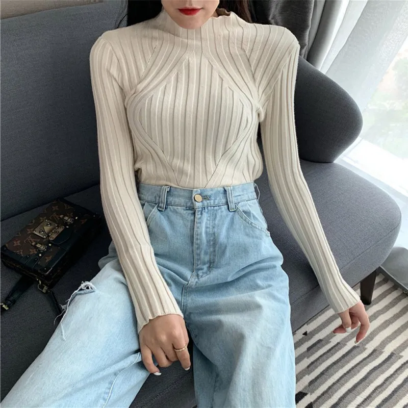 Плотный женский свитер весенне-осенний Новый трикотажный с высоким воротником и