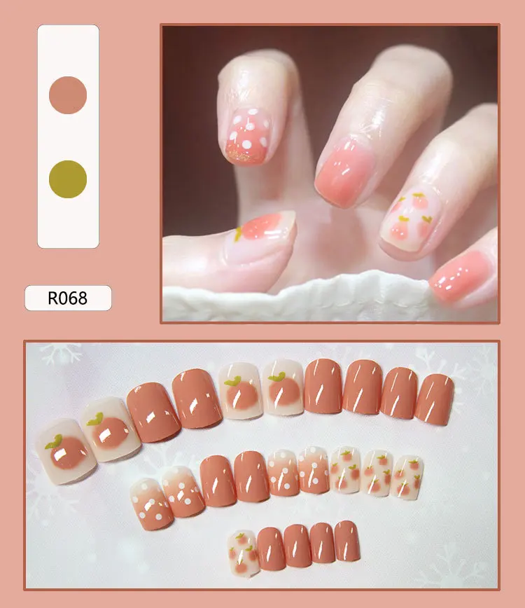 

Fake Nail Finished Nail Patch Wearing A Nail Flake Fresh Peach Wave Point Gradient 24 Tablets