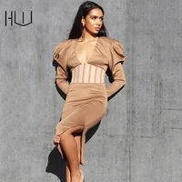 sexy perspective split v neck long sleeved temperament evening party dresses for women puff sleeve christmas autumn winter 2021
