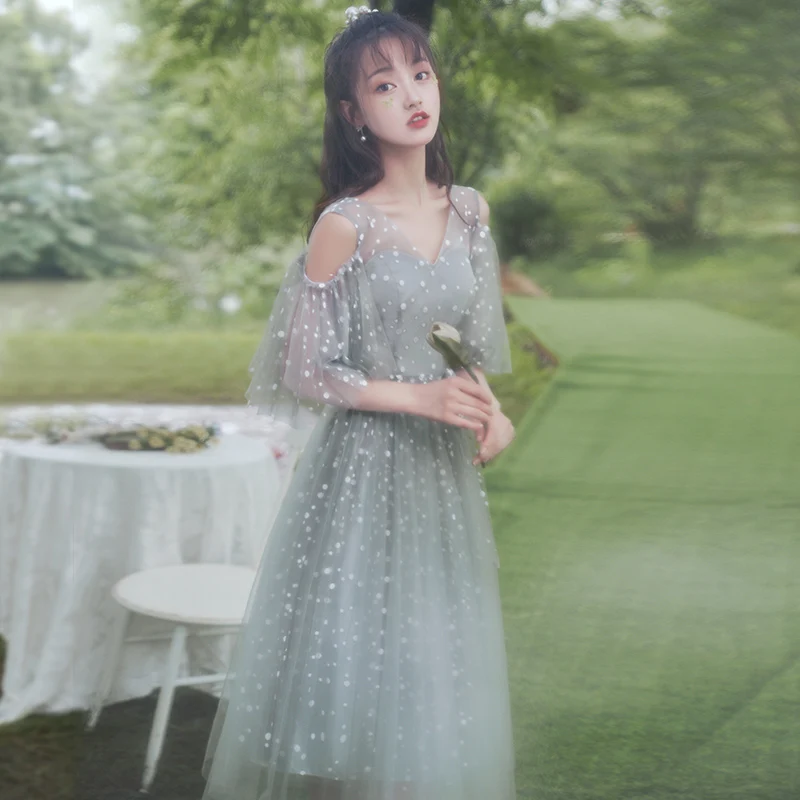 

New Fashion Slim A Line Wedding Party Gown Simple Tulle Collar Short Sleeve Tea-Length Bridesmaid Dresses For Women