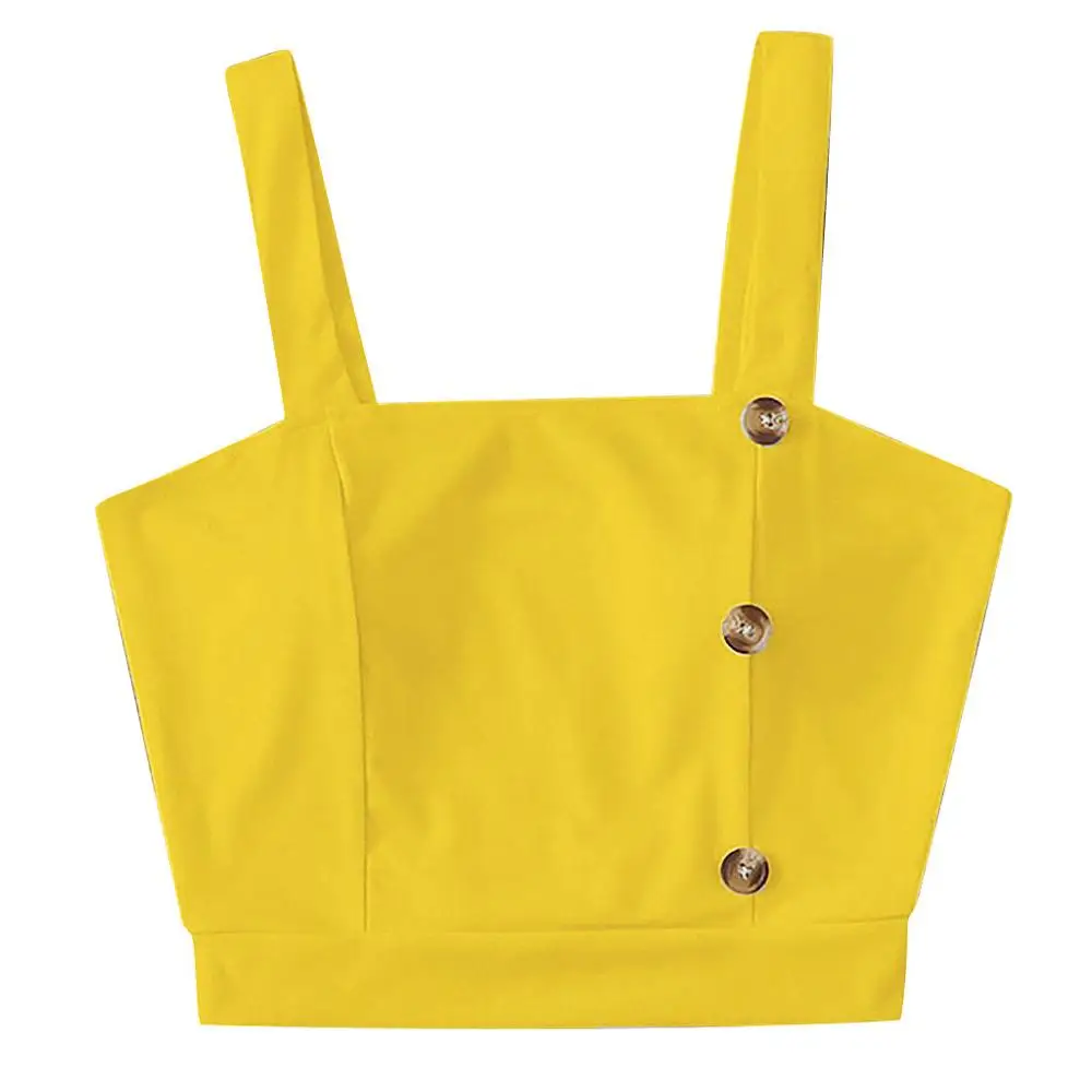Yellow Женская футболка, летняя, без рукавов, на пуговицах, безрукавка, ультракороткая футболка, Женская кружевная майка, топ, vetement, сексуальный женский топ - Цвет: Yellow