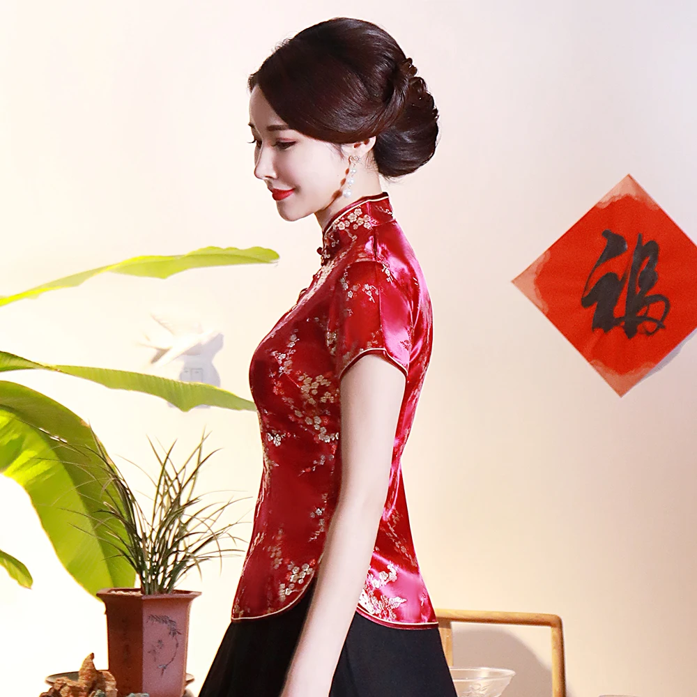 Рубашка Женская атласная с коротким рукавом черный топ в китайском стиле на