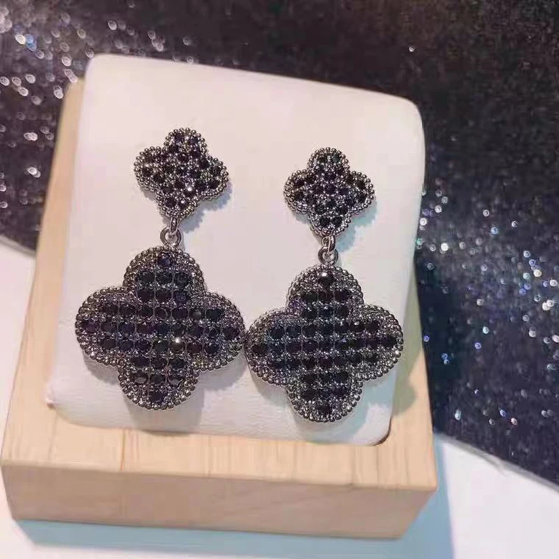 

Hot sale S925 sterling silver clover zircon double flower earrings original brand high quality jewelry exquisite gifts for women