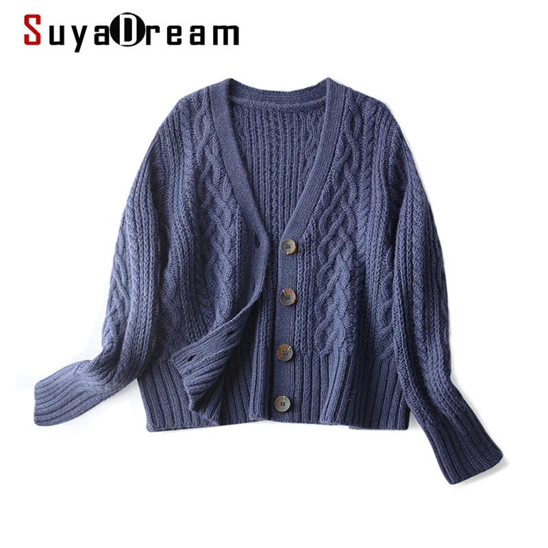 

SuyaDream Woman Heavy Cardigans 100%Wool Single Breasted V Neck Cables Sweaters 2021 Autumn Winter Warm Jackets Camel Blue