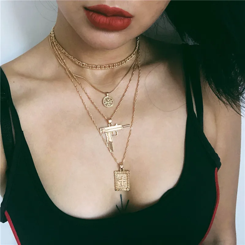 Модная подвеска крест пистолет ожерелье для женщин золотое многослойное