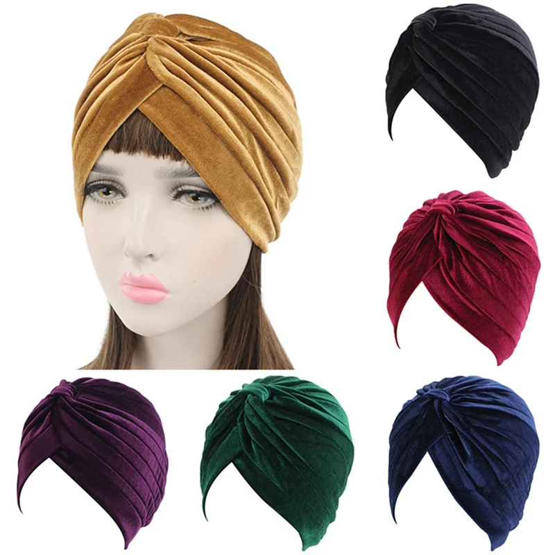 

Woman Indian Style Velvet Turban Hat Bandana Chemo Head Wrap Muslim Headscarf
