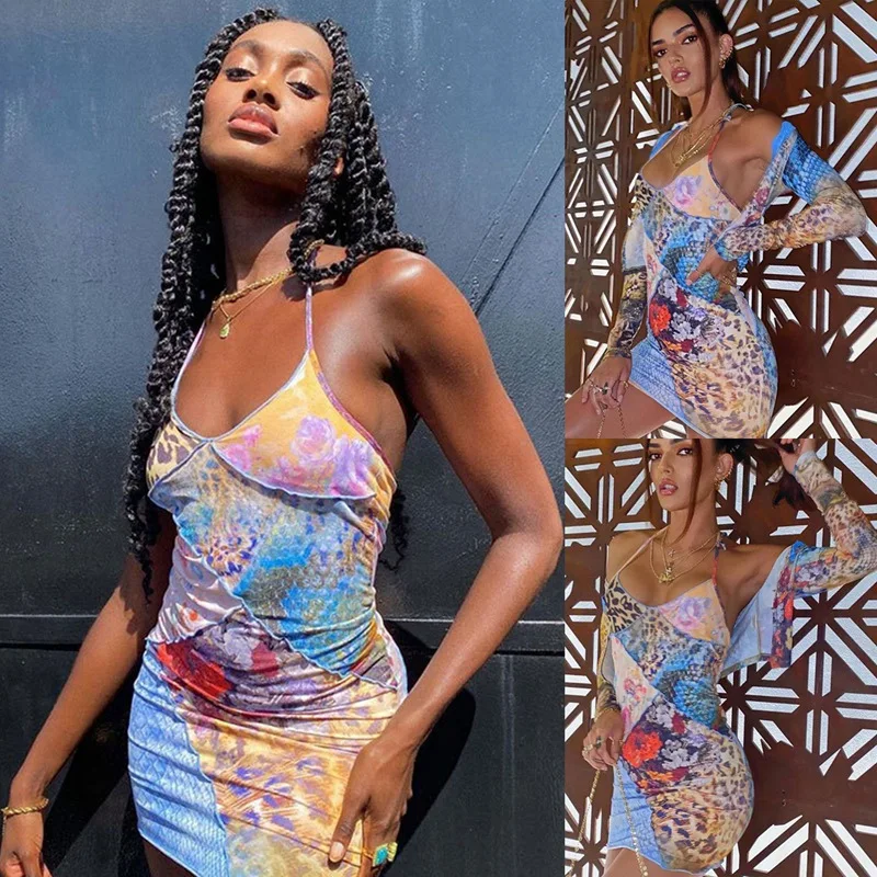 

Женское кружевное платье с цветочной вышивкой, короткая юбка с лямкой на шее, повседневное праздничное платье с цветочным принтом