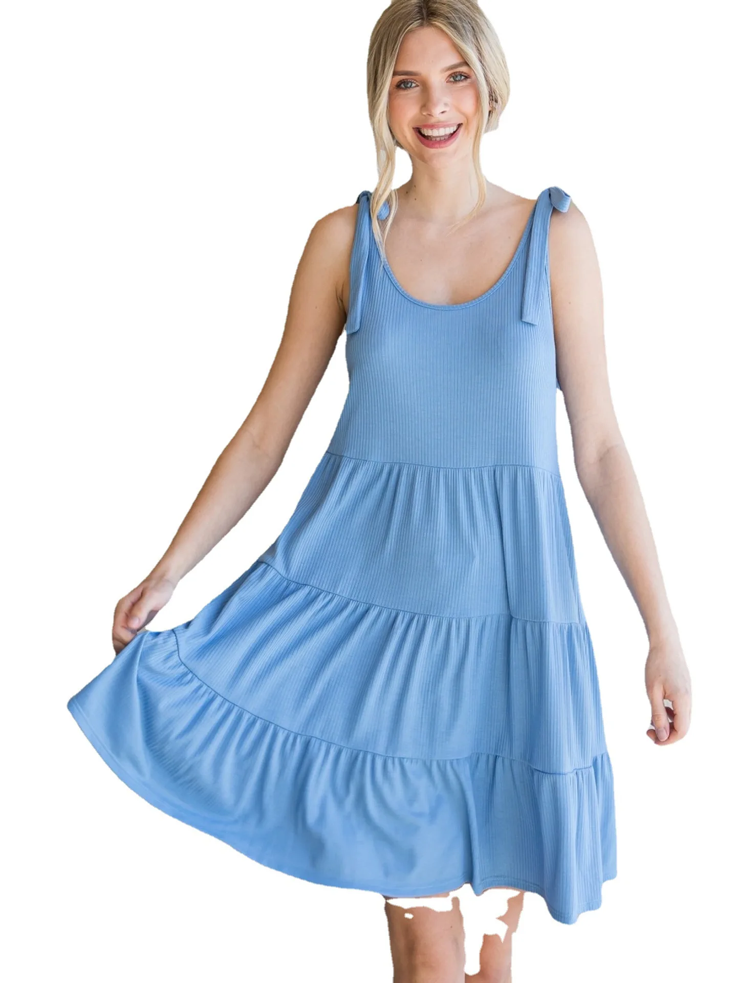 

Casual Loose Pleated Sundress Female Patchwork Ruffle Cotton Dresses for Women 2021 Lace Up A Line Summer Beach Mini Dress