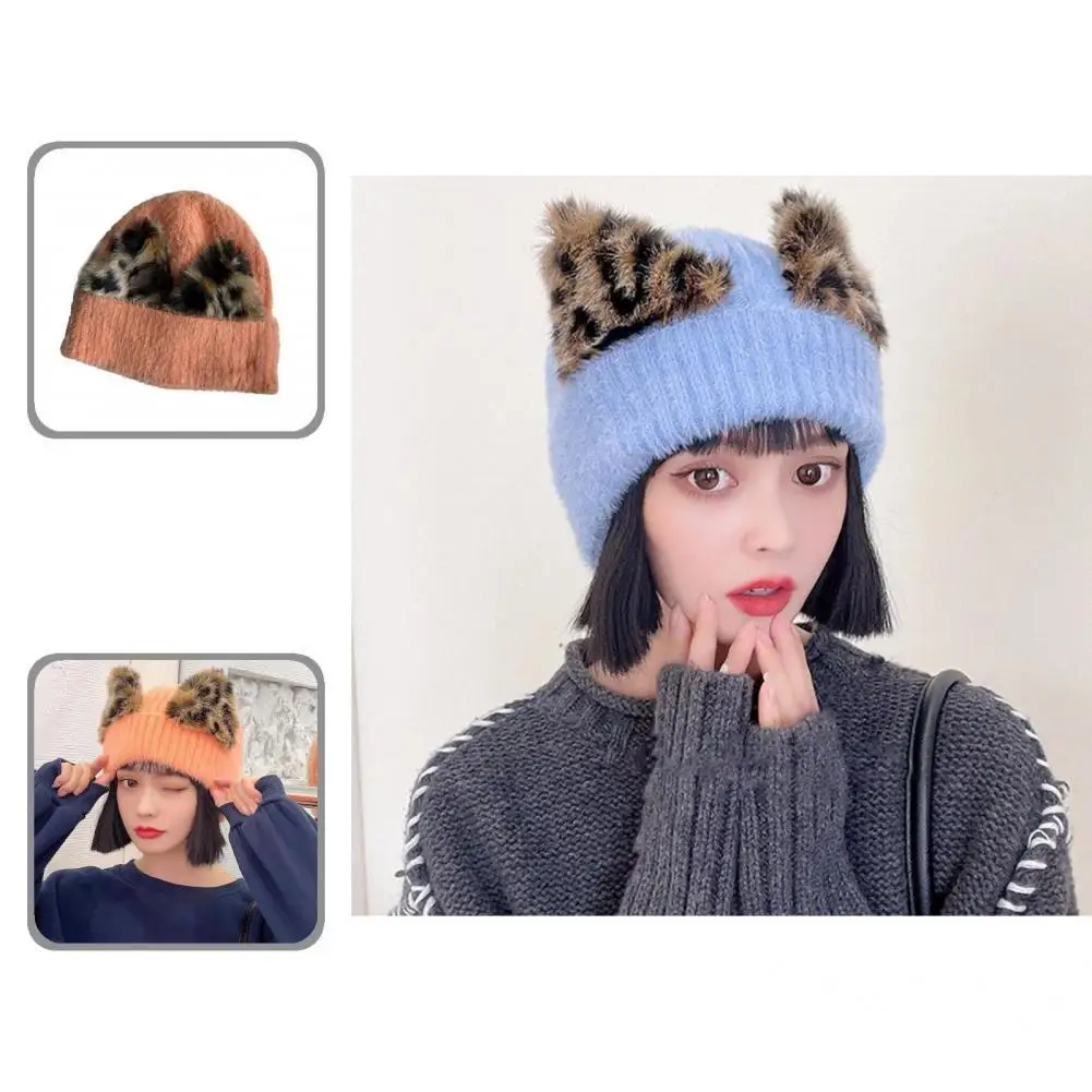 

Good Stretch Widely Applied Leopard Ear Lovely Knitted Hats for Dating