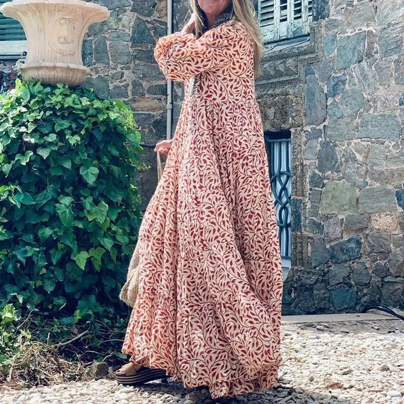 Осенне-весеннее женское богемное платье в пол свободное большого размера с