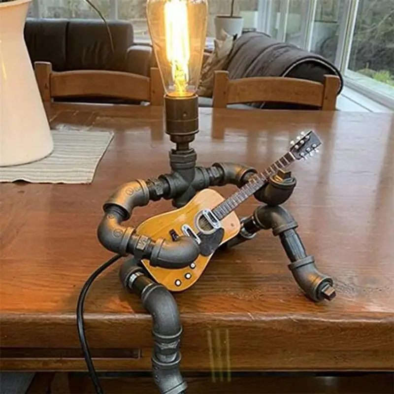 Creative Iron Water Pipe Robot Lamps Playing Guitar Posture Desk Lamp Home Decoration Lights for Living Room Bedroom Office