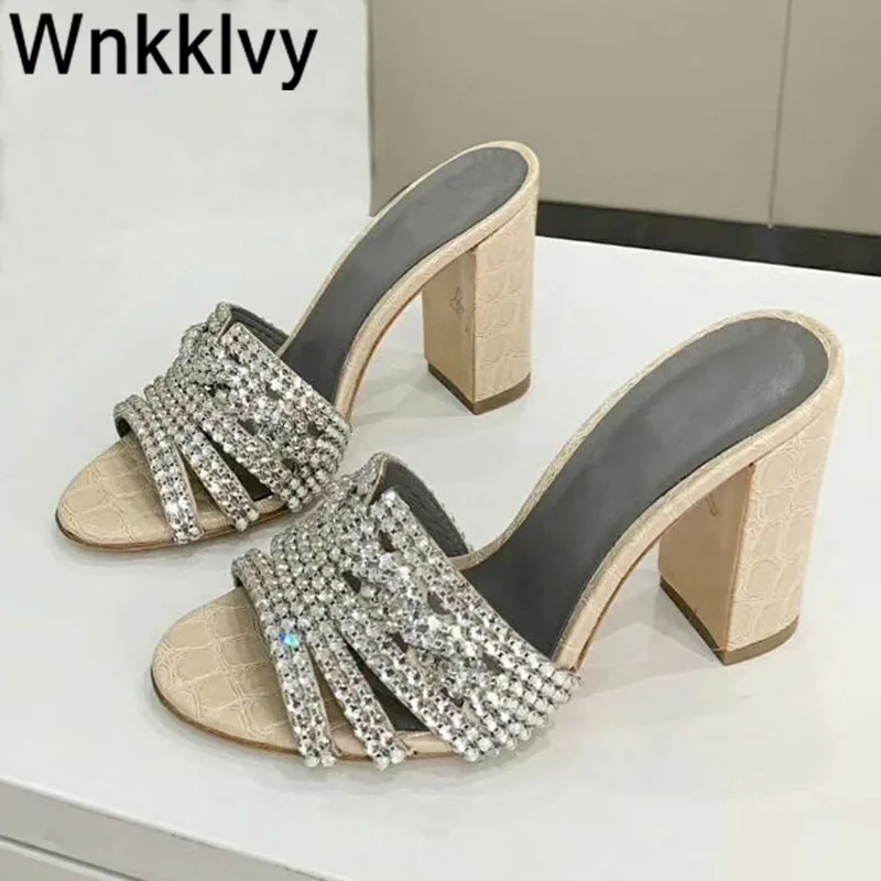 

Bling bling chunky high heel sandals party dress slippers women shiny crystal decor summer sexy shoes 2020 zapatillas mujer