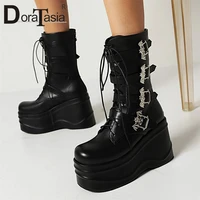 brand new ladies thick bottom boots fashion metal buckle wedges high heels womens boots party goth platform shoes woman