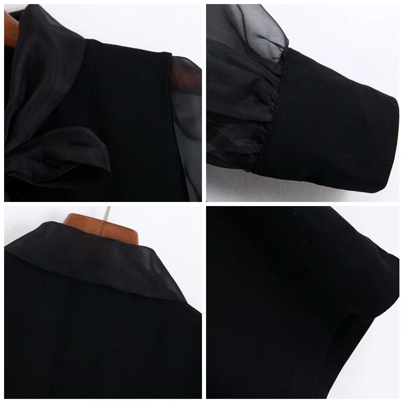 ROHOPO Tulle Sleeve Bow Collar Black Straight Mini Dress Long Ladies Retro Semi Sheer Solid Vestido #9859 | Женская одежда