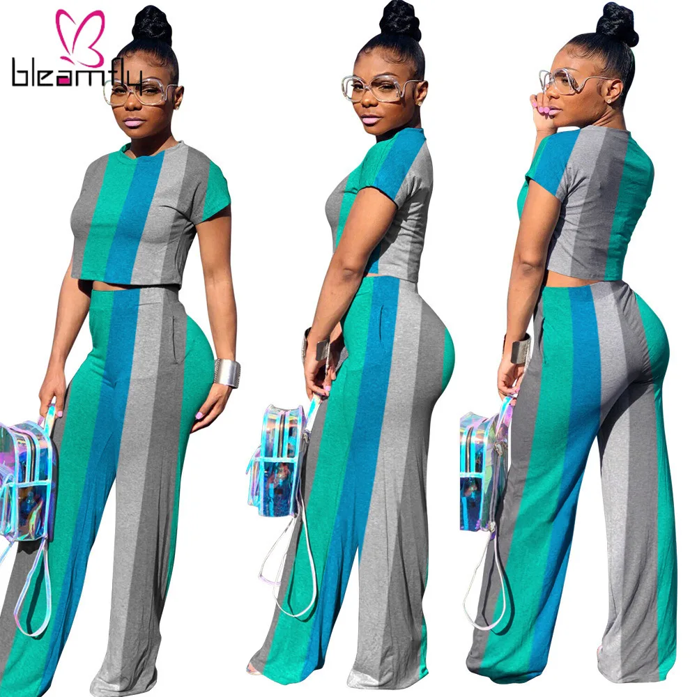 2019 женская летняя футболка в цветную полоску с коротким рукавом прямые брюки