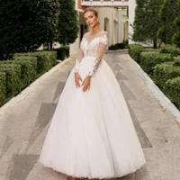 sodigne glitter princess wedding dresses 2022 modest lace appliques long sleeves bridal gown tulle illusion women bride dress