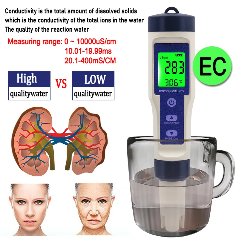Цифровой измеритель температуры воды TDS/EC/PH/солености тестер для бассейнов