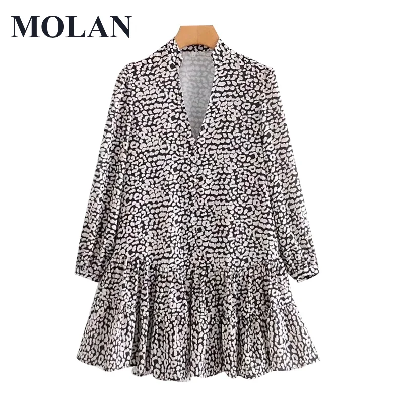 

MOLAN Vintage Leopard Print Mini Dress Chic Fashion Ruffled Vintage V Neck Long Sleeve Female 2021 New Dresses Vestidos Mujer