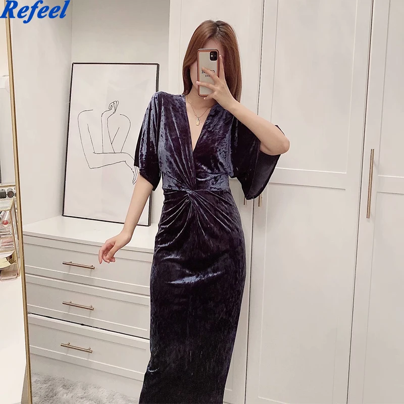 

Za Sexy Backless Velvet Midi Dress Women Front Knot Back Opening Ruched Party Dresses Woman Chic Vintage Long Vestido