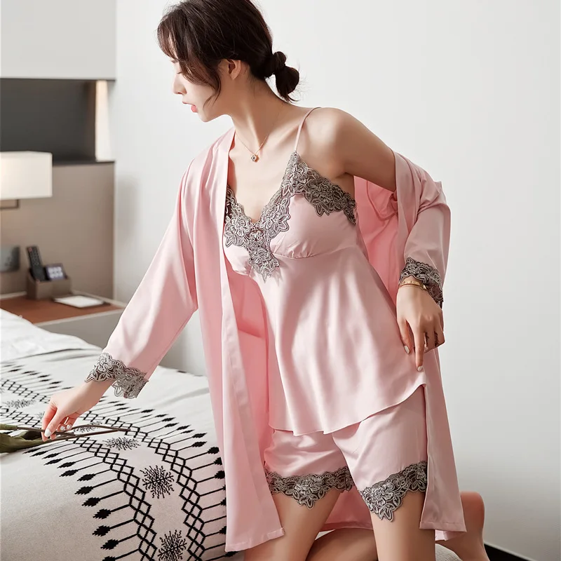 5PC Silk Robe Sleep Suit Womens Lace Satin Pajamas Gown Set V-Neck Cami Nighties Wear Pijama Home Nightwear Spring Nightdress | Женская