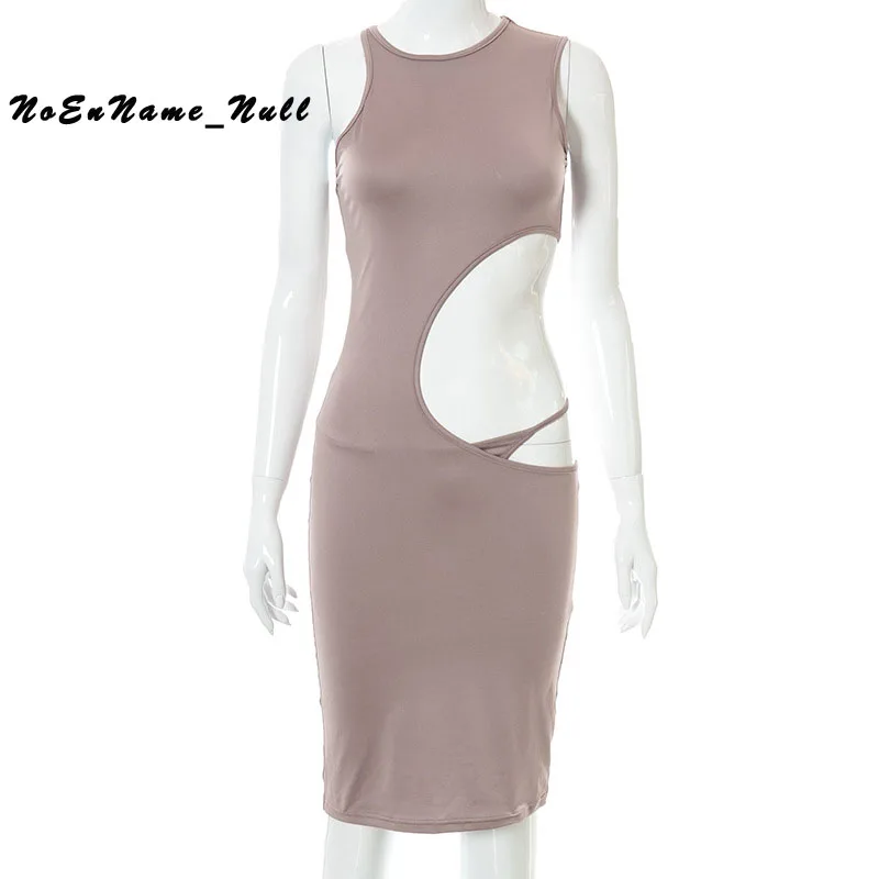 

Summer new solid round neck sleeveless waist hollowed out irregular dress