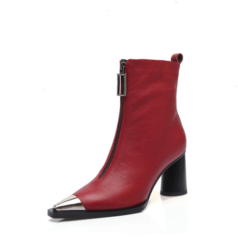 

FOREADA Pointed Toe Ankle Boots Real Leather High Heel Woman Boots Zip Metal Decoration Short Boots Round Heel Ladies Shoes Red
