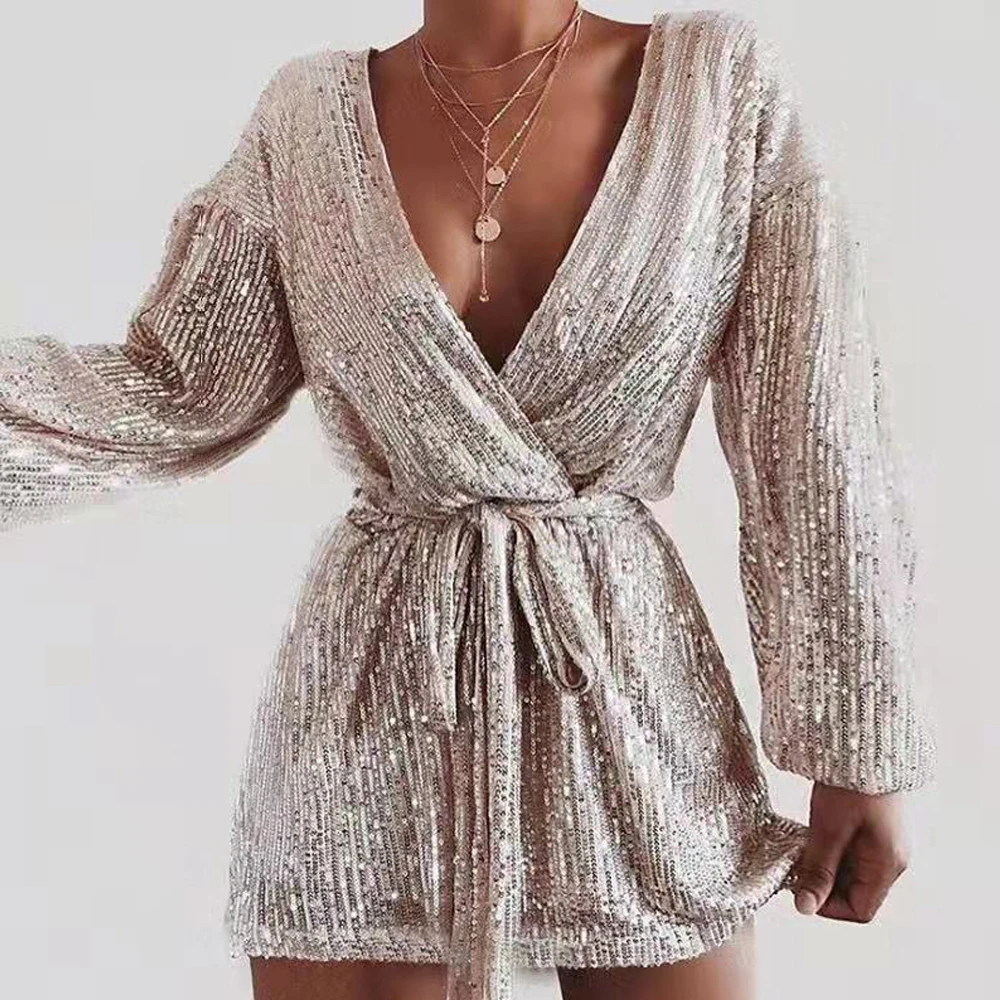 

Yesexy 2021 Autumn Winter Sexy Deep V Neck Long Sleeve Sequins Women Mini Dresses Lace up Women Short Dresses VR2036