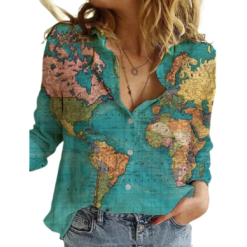 Fashion Green Map Printed Shirt Women Casual Lapel Long Sleeve Single Breasted Blouse For 2022 New Autumn Lady Green Tops 3XL