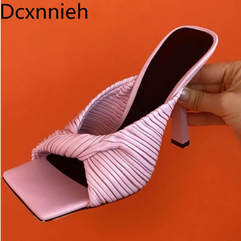 

Square Toe High Heel Women Slippers Turn Over Tied Ladies Slides Summer Brand Runway Sweet Female Slip On Mules Women Slippers