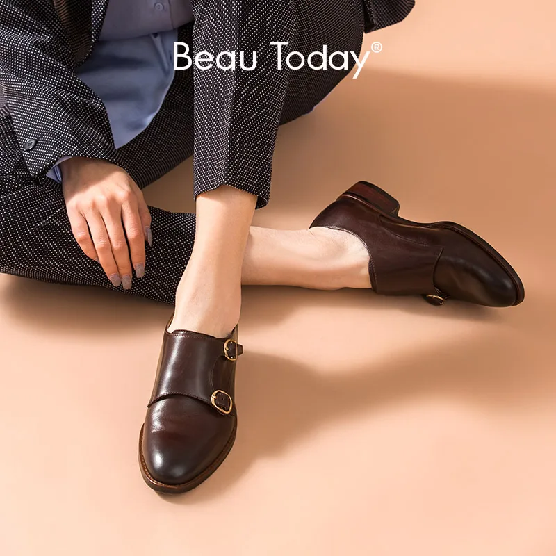 

BeauToday Monk Shoes Women Genuine Cow Leather Buckle Straps Pointed Toe British Style Ladies Casual Flat Shoes Handmade 27184