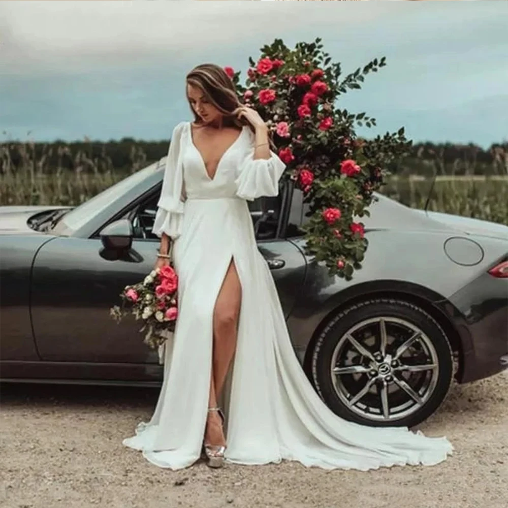 

Wedding Dress Chiffon 2021 Split V Neck Long Sleeves A-Line Vintage Civil Bridal Gown Charming Robe Unique Design
