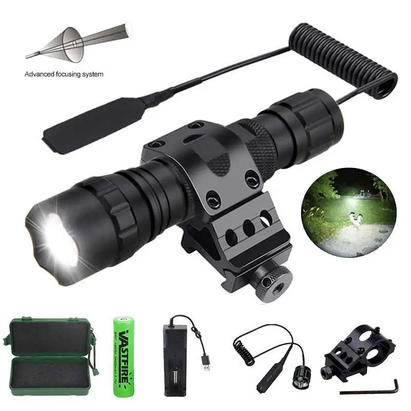 

501B Zoomable White LED Flashlight 1000LM XM-L T6 Lantern Outdoor Night Torch+Rifle Scope Rail Mount+Remote Switch+18650+Charger