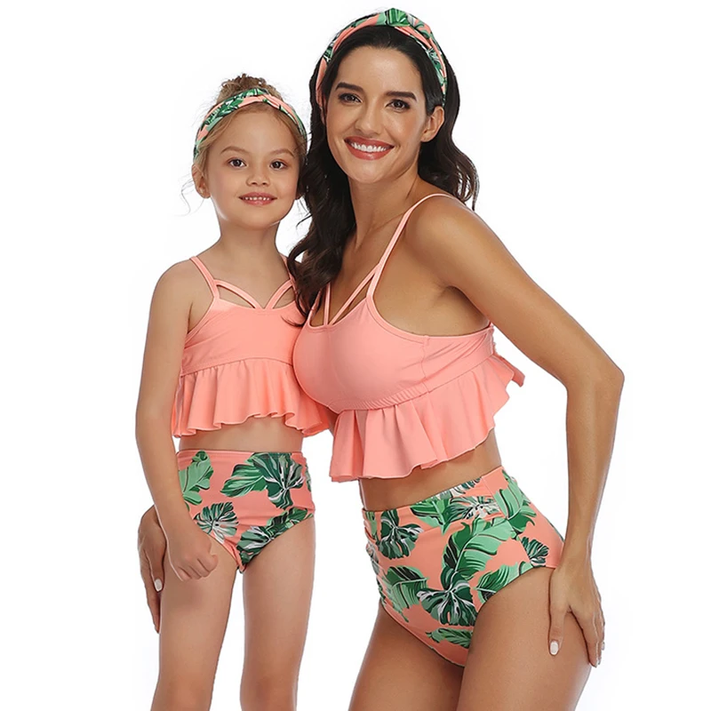 Женский купальник с оборками и принтом в виде листьев высокой талией Детский