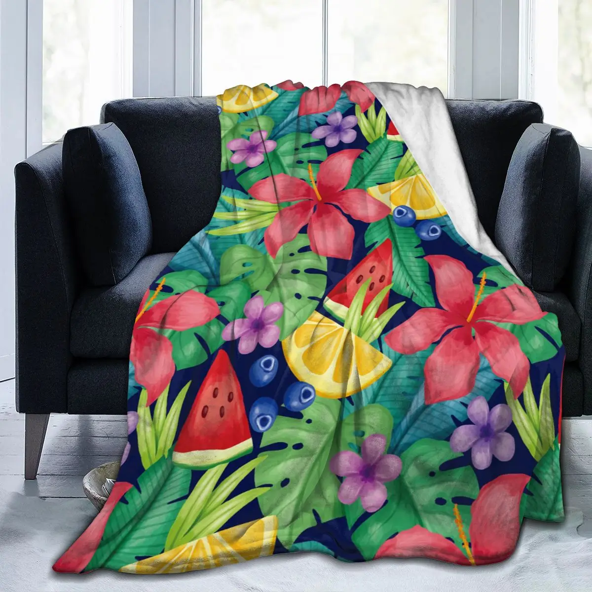 

Warm Fleece Blanket Summer Tropical Leaves Fruits Winter Sofa Plaid Throw 3 Size Light Thin Mechanical Wash Flannel Blankets