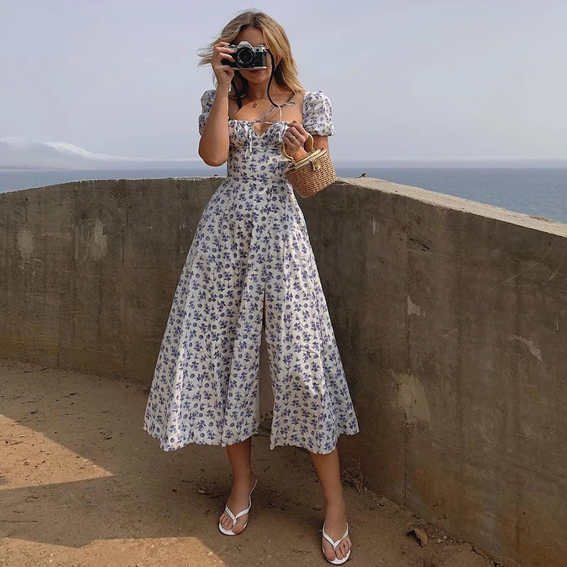 

Women French Floral Dress Summer Vintage Puff Sleeve Beach Dress Woman Sexy Square Neck Slit Midi Boho Dress Vestidos Mujer
