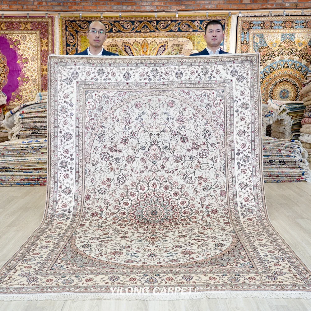 

6'x9' Tabriz Silk Carpet Beige Traditional Persian Carpet Kazakhstan Silk Rug (YHW463B)