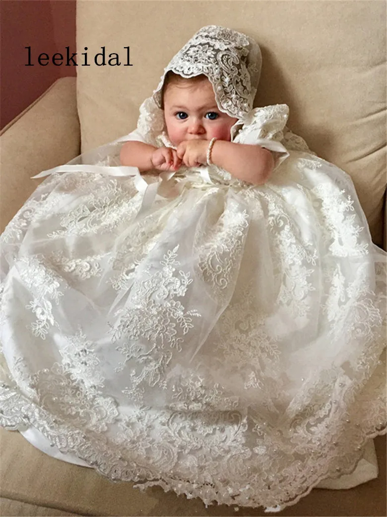 

Long Christening Gown for Baby Girls Lace Pearls First Communion Dresses Short Sleeve Baptism Dress with Bonnet Custom Ivory
