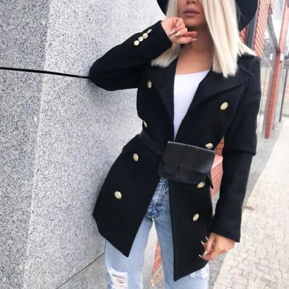 

Women Blazer Dress Jacket Trench Coat Solid Color Slim Cardigan Double-breasted Turn-down Collar Woolen Lady Jackets for Work
