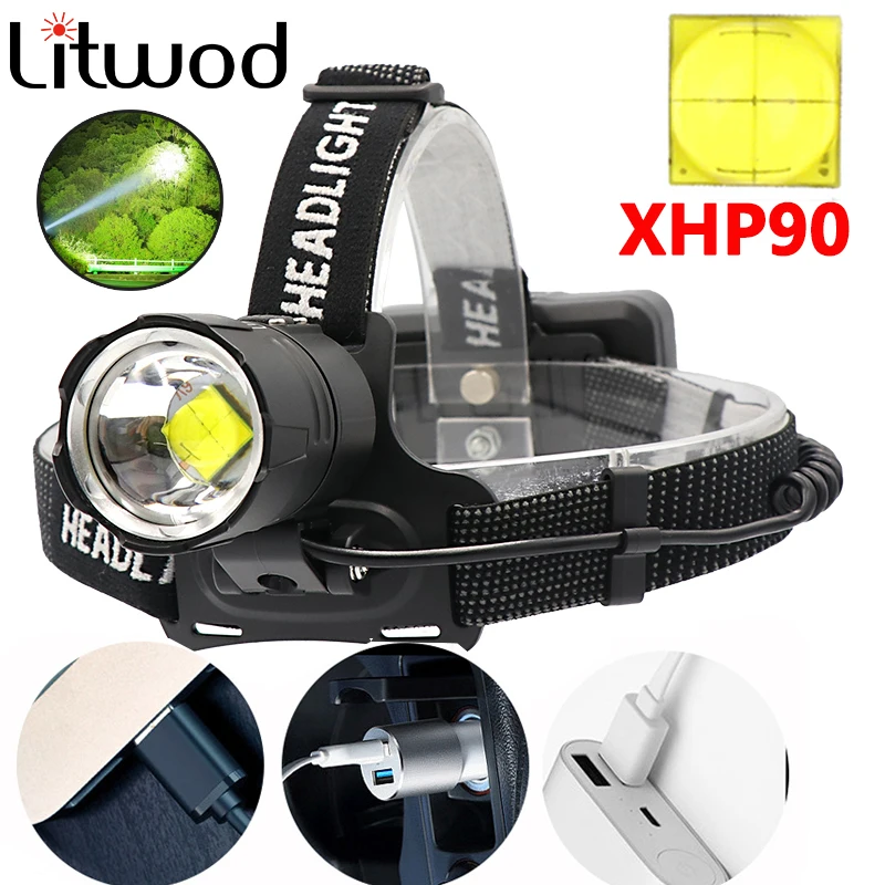 

Super Bright XHP90 USB Rechargeable Led Headlamp XHP70 Most Powerfull Headlight Fishing Camping ZOOM Torch by 3*18650 Battery