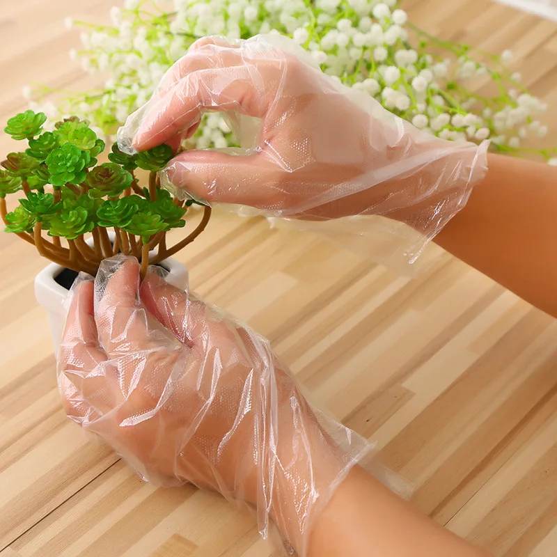 

100pcs=50pairs/pack Food Grade Plastic Disposable Gloves Transparent PE Material Thickened Film Kitchen Accessories
