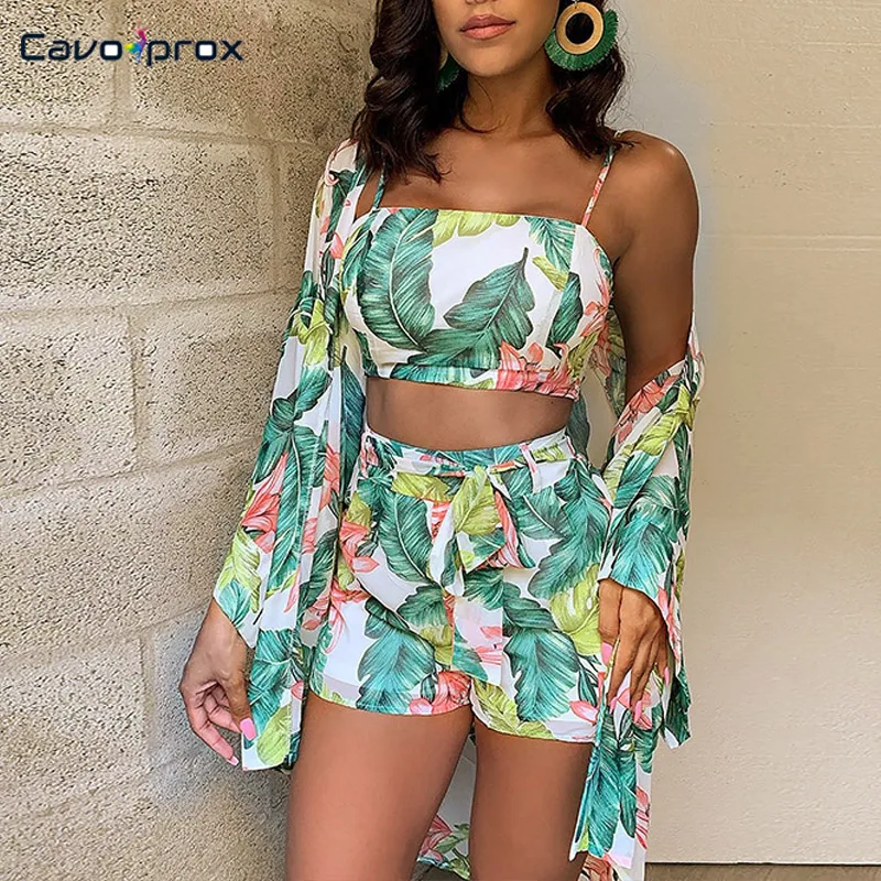 Женский комплект из трех предметов с цветочным принтом короткий укороченный Топ
