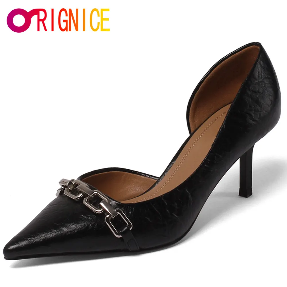 

Orignice Luxury Metal Chain Design Fashion High Heels Women Pumps Classic Cow Leather Pointed Toe Solid Color Dress Party Shoes