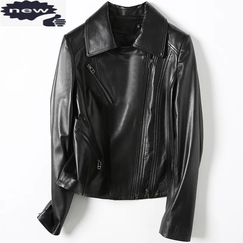 Harajuku Motorcycle Genuine Leather Coats Women Slim Fit Fashion Black Sheepskin Biker Jacket Lapel Casual Female Clothes New
