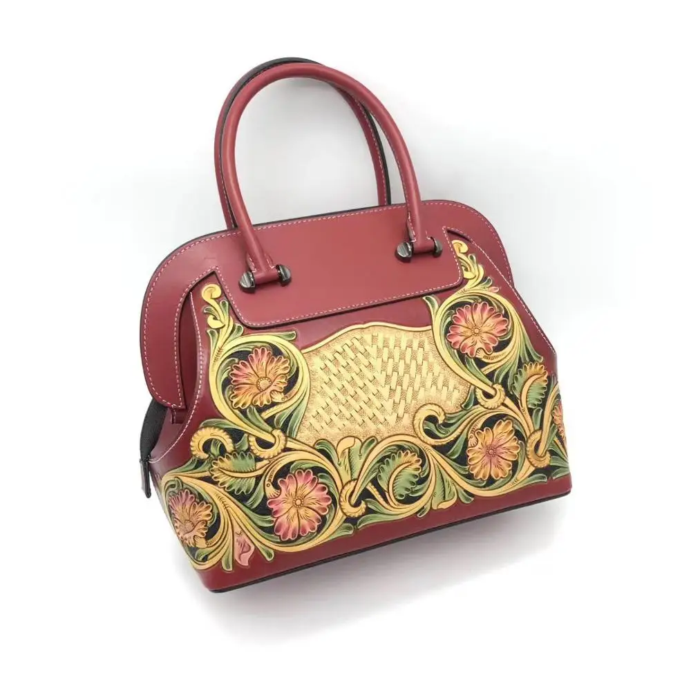 Сумка женская винтажная из натуральной коровьей кожи с гравировкой зеленого