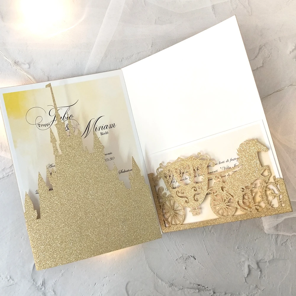 Themed Castle and Carriage Tri Fold Luxury Laser Cut Wedding Invitation cards birthday Party Favor Decoration