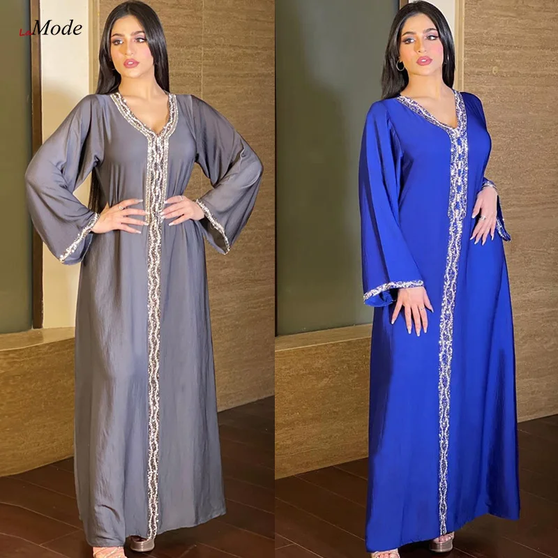 

Женское платье-абайя La Mode Caftan Dubai Eid 2021, мусульманский марокканский кафтан с бриллиантами и V-образным вырезом, серая абайя Jalabiya s Djellaba